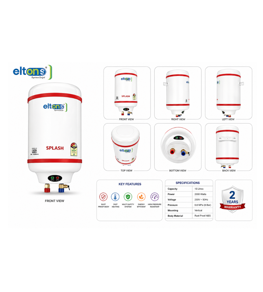 Splash SS Tank Storage Water Heater 3 Star, 2000 Watt 15L